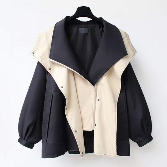 Mceream Women's Hooded Trench Coat Lightweight Lapel Button Down Jacket Color Block Mid-Length Windbreaker Loose Ladies Outerwear Tops Plus Size Outwear Camperas De Invierno Mujer Black XXL