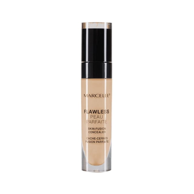 Marcelle Flawless Cache-Cernes Fusion pour la Peau en Bouteille Cylindrique Transparente avec Cache-Cernes beige, Pompe et Bouchon Noirs, Formule Hypoallergénique et Testée par des Dermatologues Qui Dissimule les Cernes et les Rougeurs, Convient aux Peaux et aux Yeux Sensibles.