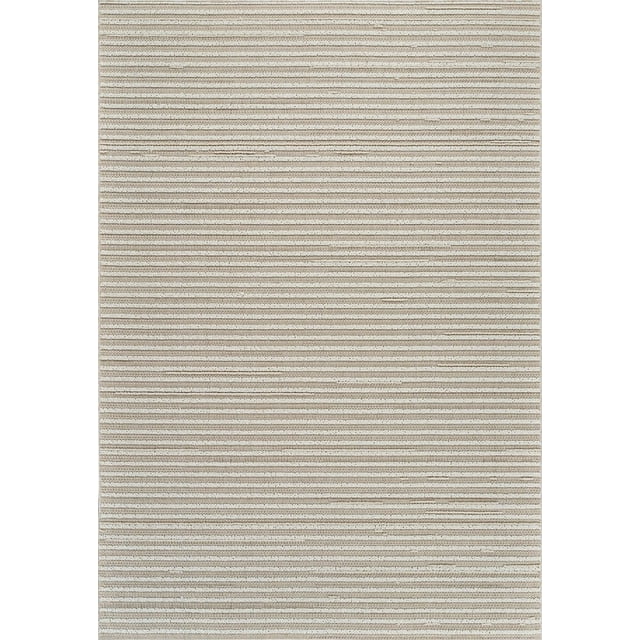 Rug Branch Hogar Striped Indoor Outdoor Area Rug in brown and cream jute featuring modern horizontal stripes in varying widths, ideal for living room, bedroom, dining room, kitchen, patio, and balcony, also suitable as a decorative floor accent.