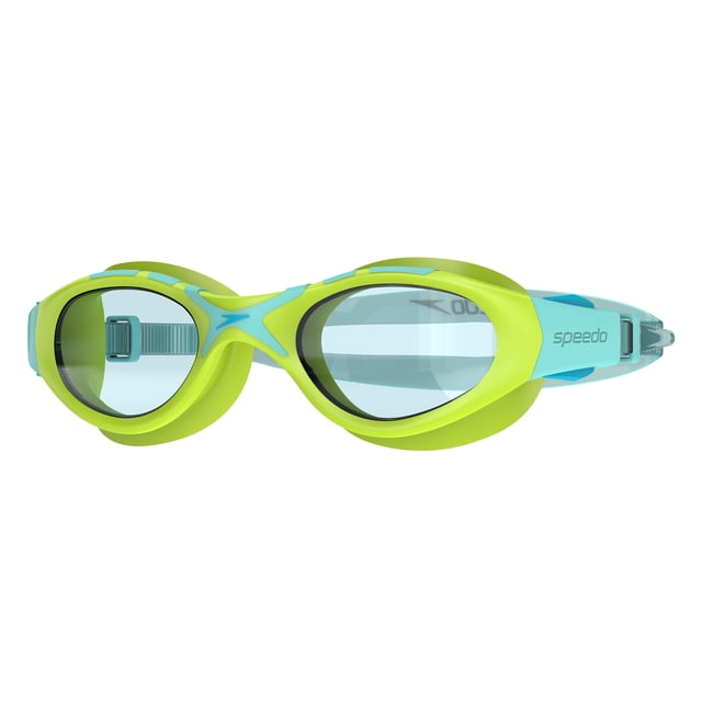Speedo Navagio Junior Swim Goggle in light blue with toggle adjust split strap and wide field of view lenses, engineered for junior swimmers to provide comfort and performance during swimming workouts.