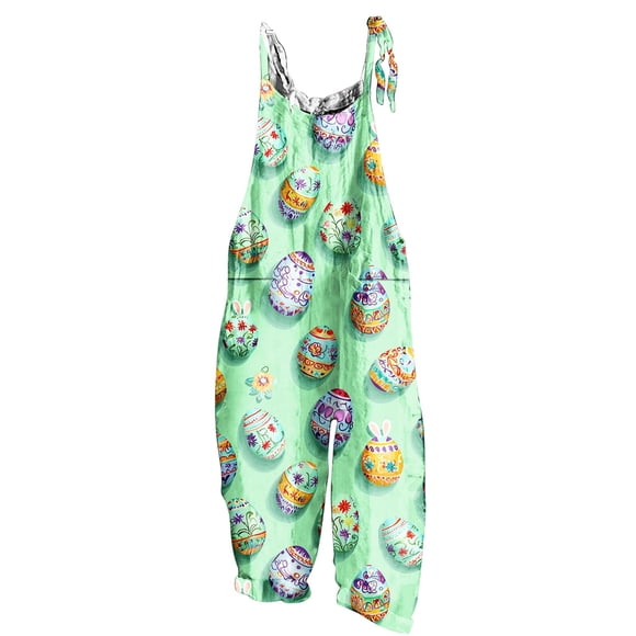 Wo-Fusoul Easter Playsuit for Women, Printed Sleeveless Backless Loose Fit Long Romper with Adjustable Straps and Pockets
