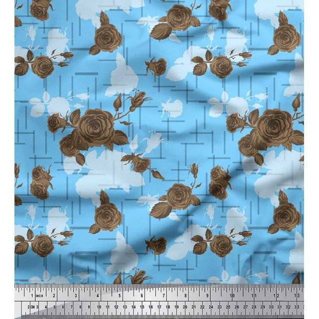 Soimoi Blue polyester Crepe Fabric Floral Art Geometric Print Fabric by the Yard 42 Inch Wide