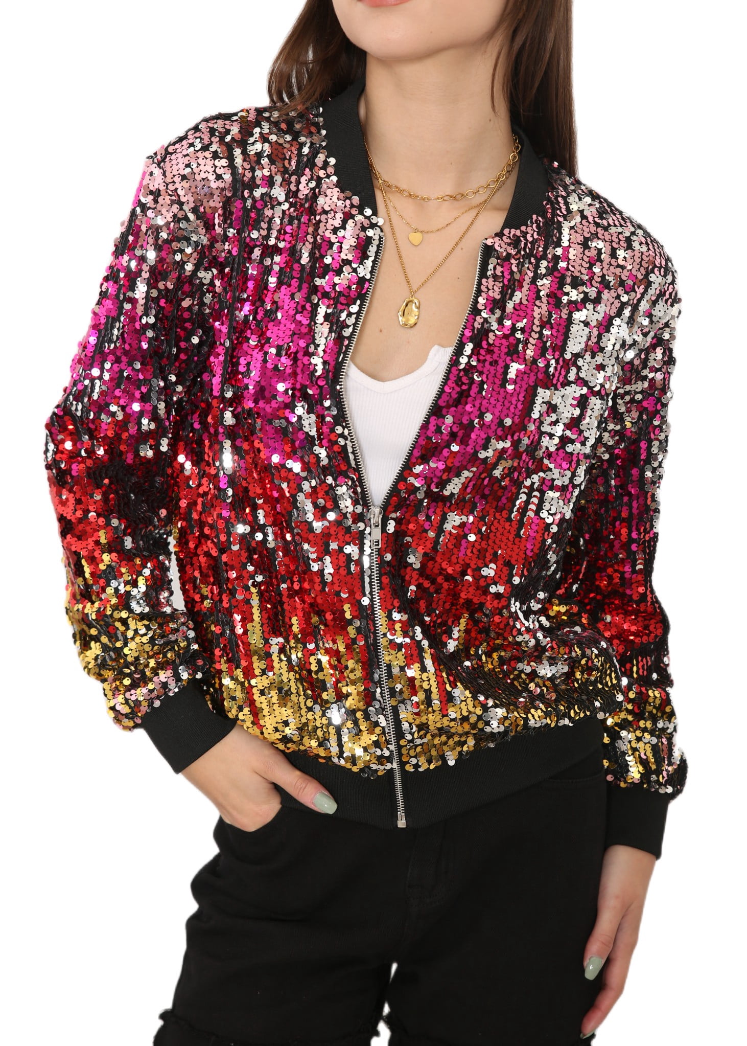 Veste à Paillettes pour Femmes à Manches Longues avec Fermeture Éclair Frontale et Poignets Côtelés