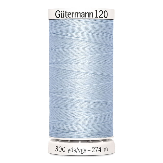 Gutermann 120 100% polyester all purpose thread spool in light blue, tightly wound on a white plastic spool labeled with 300 yards (274 meters), suitable for machine and hand sewing various fabrics including cotton, synthetics, and wool, also ideal for craft and DIY projects.
