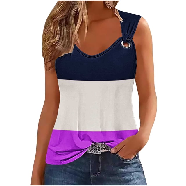 Mrat Débardeurs pour Femmes Amples Débardeurs pour Femmes Tendance Tunique à Col Rond Hauts Décontractés Sans Manches T-Shirts Graphiques à Rayures Camisoles Amples Blouses S-193 Violet G