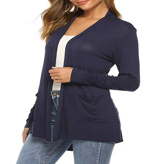QJUHUNG Women Lightweight Summer Cardigans Open Front Casual Solid Color Long Sleeve Knit Sweater Cover Up with Pockets
