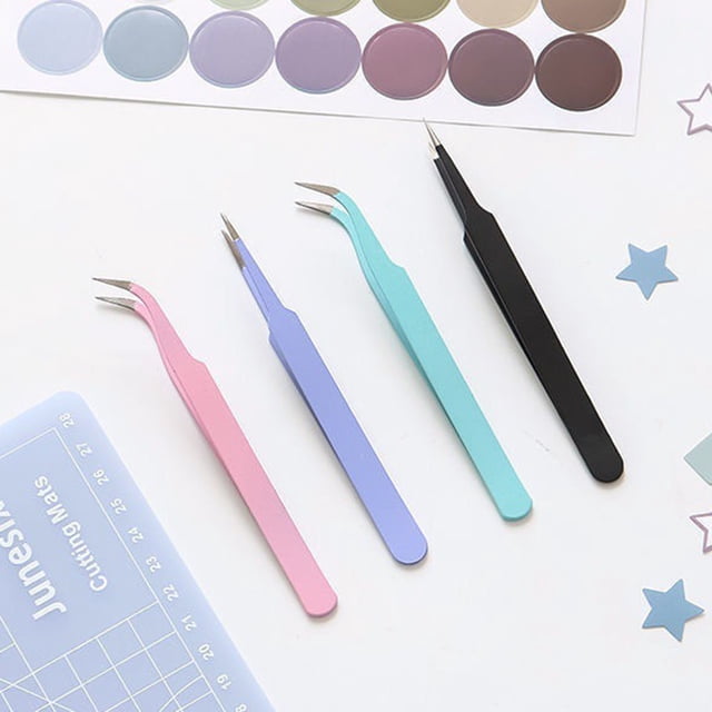 Musbetu 2Pcs DIY Tweezer Multi-purpose Clamp Tightly Lightweight Metal Nail Art Sticker Straight Curved Tweezer for Picking