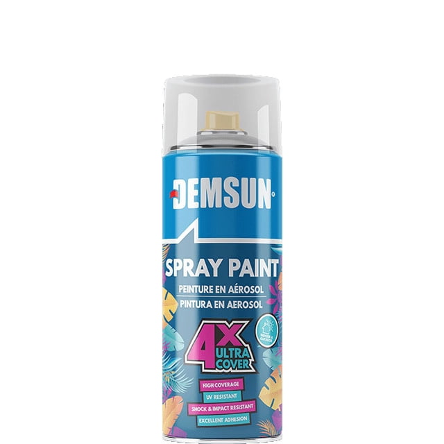Demsun Spray Paint 4X Ultra Cover in Matt Black (RAL 9005) with a high-quality nitro-combi formulation. The spray can features a blue label with vibrant graphics and text highlighting its high coverage, UV resistance, and shock resistance. Designed for use on wood, metal, paper, glass, hard plastics, textiles, fine jewelry, concrete, and natural stone. Suitable for indoor and outdoor applications, offering excellent adhesion, quick drying, and a smooth finish.
