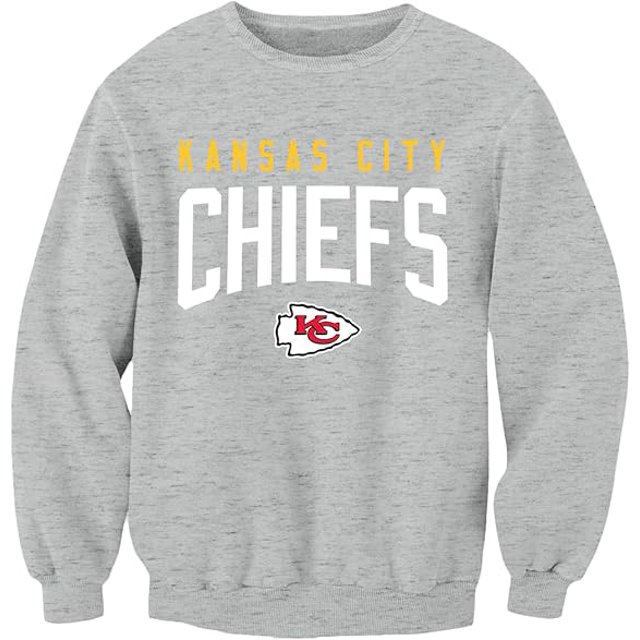 NFL Kansas City Chiefs Chiefs Logo Sport-Grey X-Large Crew Fleece crafted from soft cotton, featuring a sport-grey design with bold yellow and white text reading 'Kansas City Chiefs' and the team logo in red and white. Perfect NFL fan apparel for comfort and style.
