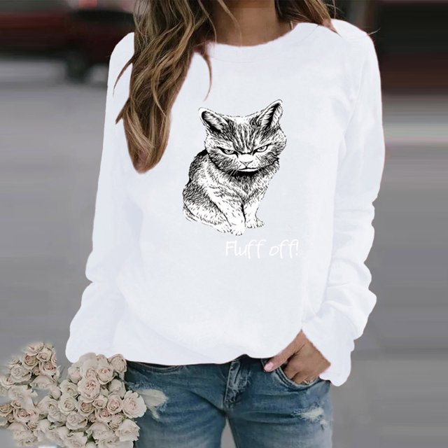 Tops d'Été pour Femmes Mode Femmes Loisirs Imprimé Chat Manches Longues Col Rond Décontracté Ample Tops Blouses pour Femmes Chic Décontracté Aguichant en Liquidation