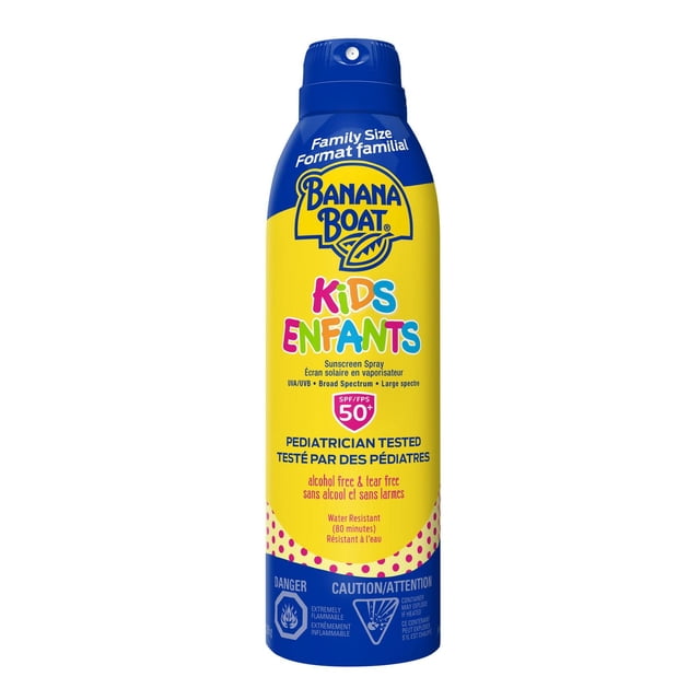 Banana Boat® Kids Tear Free Sunscreen Spray SPF 50+ in a family size yellow and blue aerosol bottle with colorful 'Kids Enfants' text, pediatrician tested hypoallergenic formula, broad spectrum UVA/UVB protection, alcohol free, tear free, and water resistant for 80 minutes, suitable for sensitive skin sun care.