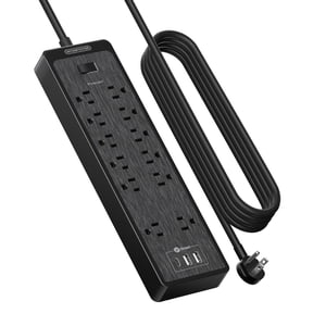 NTONPOWER 15 ft Cord d'extension, bande de puissance de protection de bouchon plat avec USB, 12 Support mural de protection des orifices, 2100 Joules, 1875W, 15A Circuit Bre