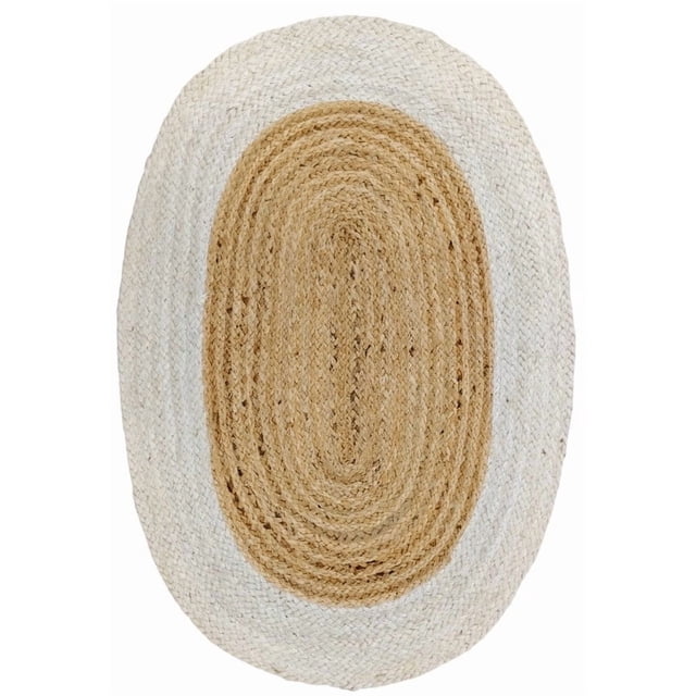 5x8 Ft Oval White & Natural Jute Area Rug, Hand-Woven, Reversible, Farmhouse Boho Style, Durable & Pet-Friendly Rug for Living Room, Dining Room, and Bedroom