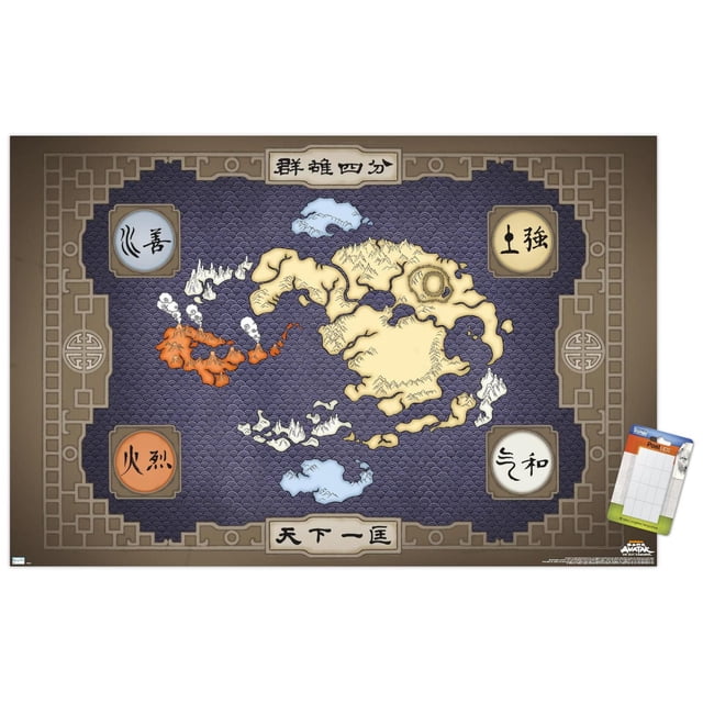 Avatar : The Last Airbender - Affiche Murale de Carte, 22,375 Po x 34 Po Encadrée, Représentant une Carte Stylisée des Quatre Nations avec des Masses Terrestres Beiges, une Région Volcanique orange, des Zones d'Eau Bleues et une Bordure et une Calligraphie d'Inspiration Asiatique Traditionnelle sur un Fond à Motif de Vagues Bleu Foncé, Convient à la Déco de la Maison Ou aux Pièces à Thème.