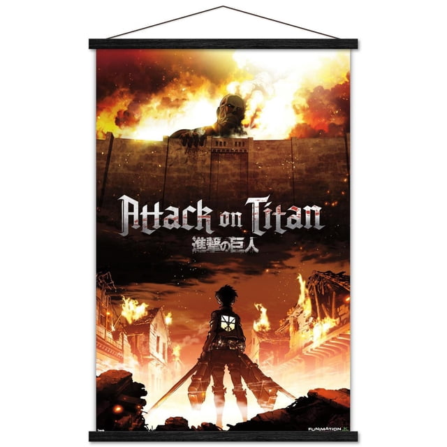 Attack on Titan - Fire Wall Poster, 22.375" x 34" featuring high-resolution anime artwork of a colossal Titan peering over a stone wall with flames and smoke behind, and a soldier with dual swords and maneuver gear standing in a burning village street, printed on glossy poster paper suitable for anime room decor or party decoration.