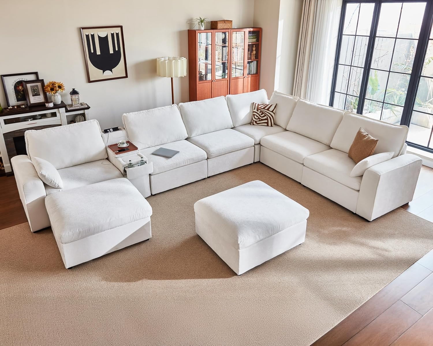 BEDEEP Canapé Sectionnel Modulaire de 169,7 Po avec Console et Station de Recharge, Canapé Nuage en Chenille en L avec Pouf de Rangement, Canapé Profond Convertible 8 Places avec Méridienne pour Salon, Blanc