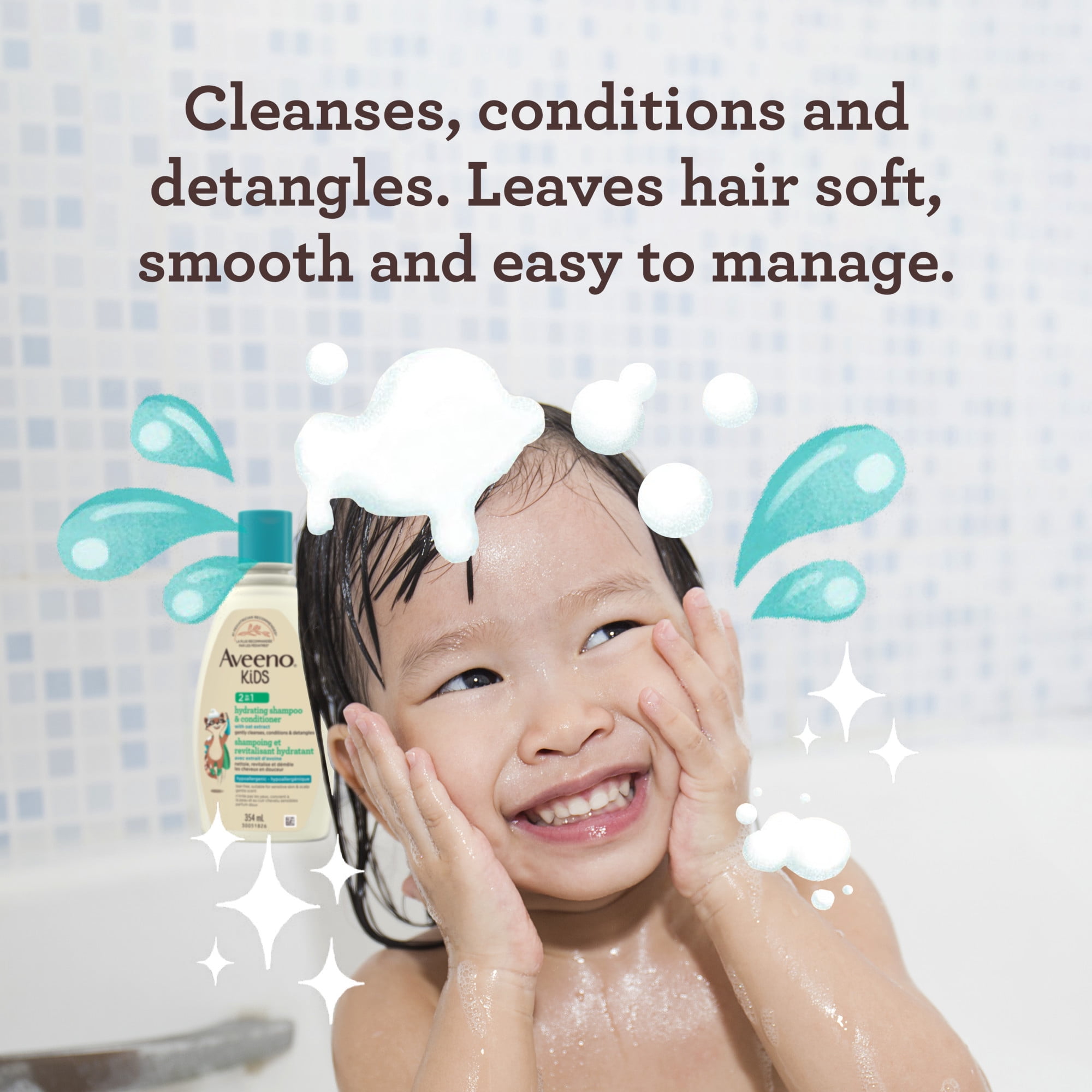 Shampooing et revitalisant hydratant 2 en 1 Aveeno Kids avec extrait d’avoine, shampooing sans sulfates, revitalisant de soins capillaires, n’irrite pas les yeux, peau, cuir chevelu sensibles, 354 ml