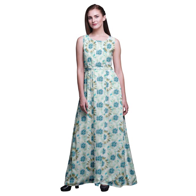 Bimba Robe Longue Maxi Teinture sur Nœuds pour Femme à Col Rond Imprimée, Robe de Soirée - Très Petit