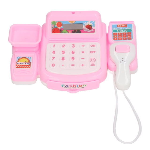 Ensemble de Jeu Caisse Enregistreuse par YOUTHINK, une Caisse en Plastique Rose Conçue pour les Enfants de 3 Ans et Plus. Comprend un Bouton Marche/arrêt, un Affichage Numérique, un Numériseur avec Cordon et un Plateau Latéral. l'Ensemble Comprend des Accessoires comme de l'Argent en Papier, un Jouet Carte Bancaire, un Tableau d'Exposition, un Chariot et Divers fruits et Légumes Jouets comme du Brocoli, des Raisins et des Carottes. la Caisse Enregistre Émet des Effets de Musique et de Lumière, avec un Son « Didi » Lorsque le Tiroir Ou le Numériseur
