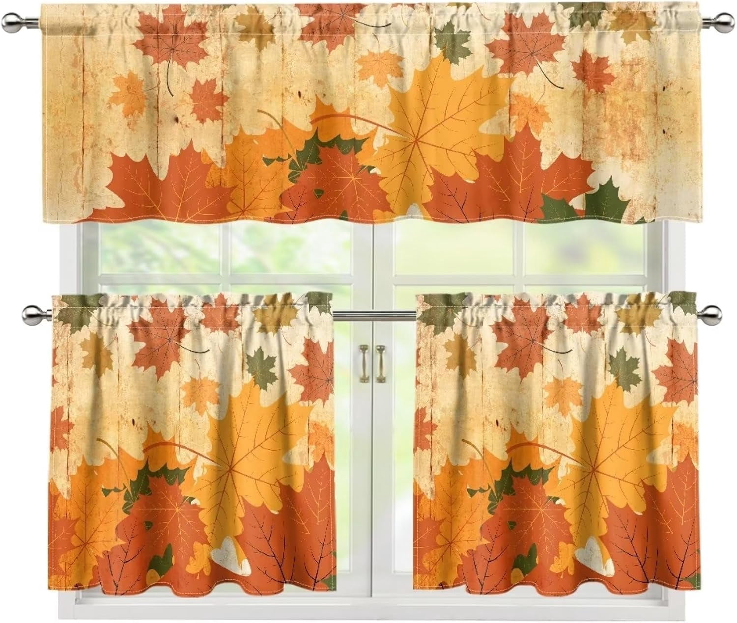 Autumn Maple Leaves Kitchen Curtain and Valances Set 3 Piece Valances Curtain for Window Bathroom Decoration Valances Living Room Window Treatment Drapes