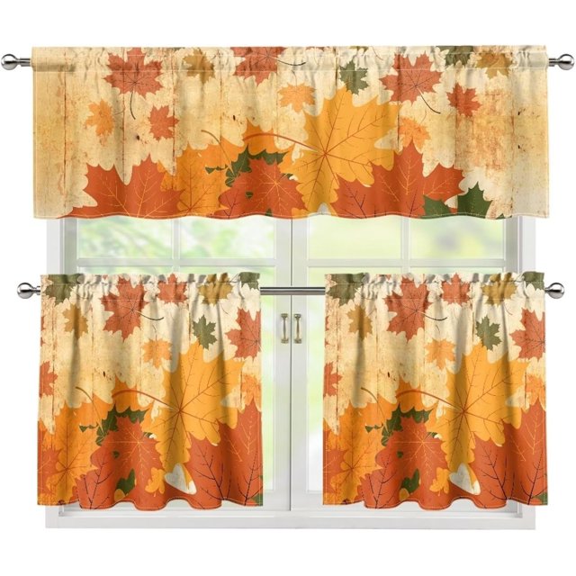 Autumn Maple Leaves Kitchen Curtain and Valances Set 3 Piece Valances Curtain for Window Bathroom Decoration Valances Living Room Window Treatment Drapes