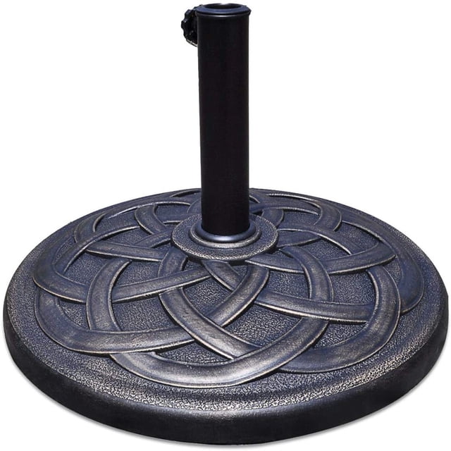 CHOK Base de Parasol de Marché pour Patio de 43 Lb avec un design Rond Classique, Motif de Fleurs Décoratif et Fini bronze. Ce Support de Parasol en Fonte Robuste Comprend un Support de Mât Ajustable pour des Diamètres de 1,5 à 1,9 Pouce, Assurant la Compatibilité avec Divers Parasols. Idéal pour l'Ombre Extérieure dans les Jardins, patios, Vérandas et Terrasses.