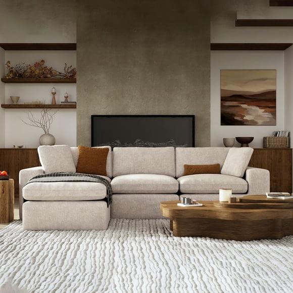 Brassex Haven Upholstered Compression Sectional Sofa for Living Room and Family Room with Pocket Spring Seating and Floating Ottoman, Beige