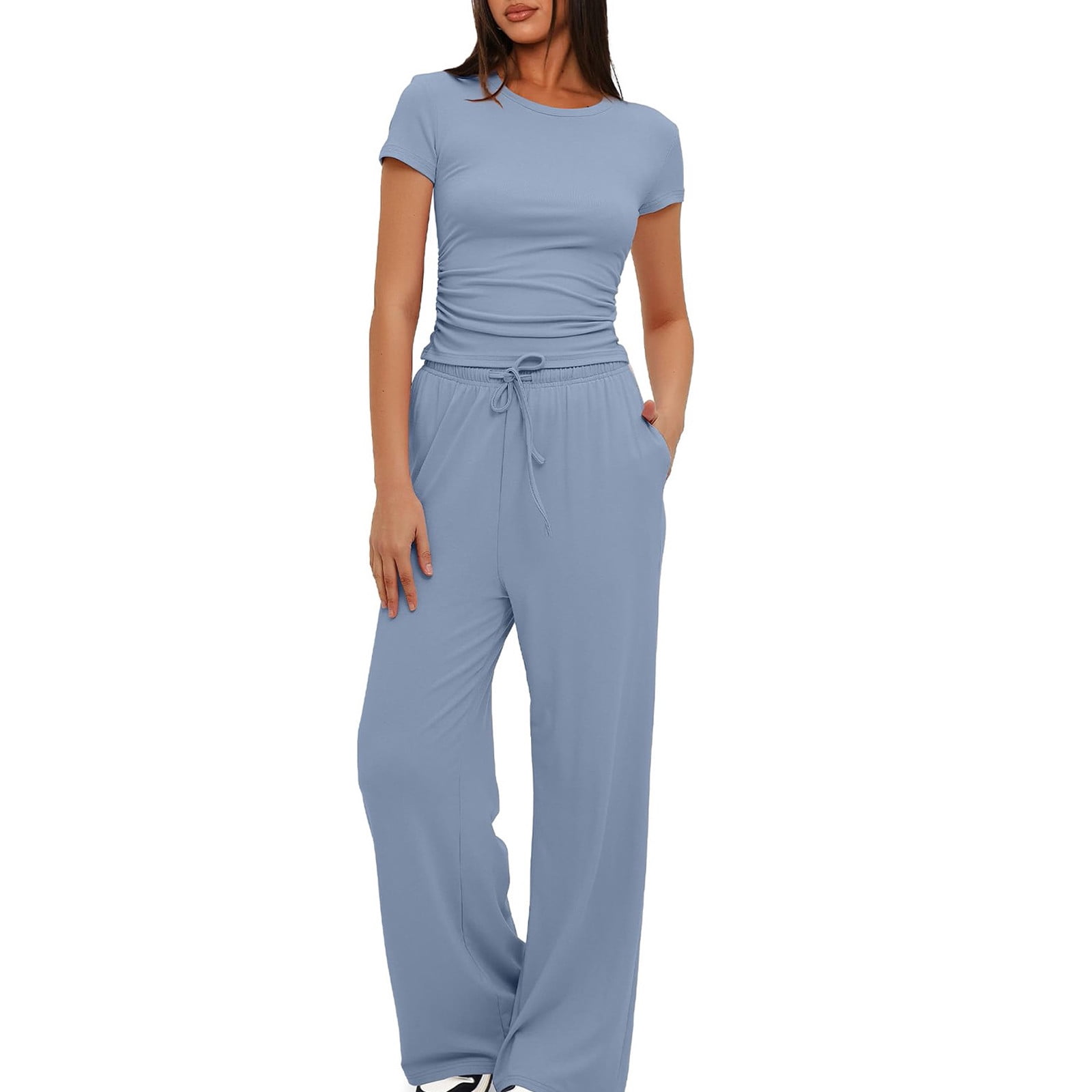 Birdeem 2Pc Fashion Woman Round Neck Solid Short Sleeve Blouse +Long Pants Elastic Waist Sets