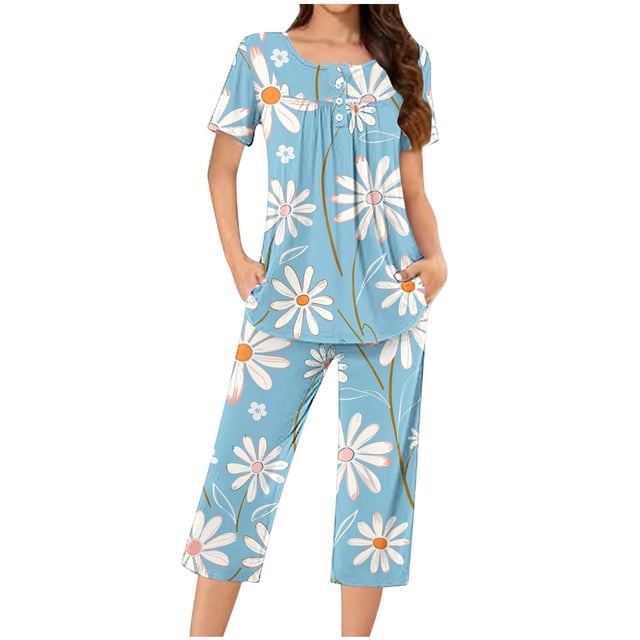 Jamicy Pyjama à Manches Longues pour Femmes Ensemble de Pyjama Capri à Boutons à Col Rond Imprimé Décontracté et Ample pour Femmes Pyjama d'Halloween