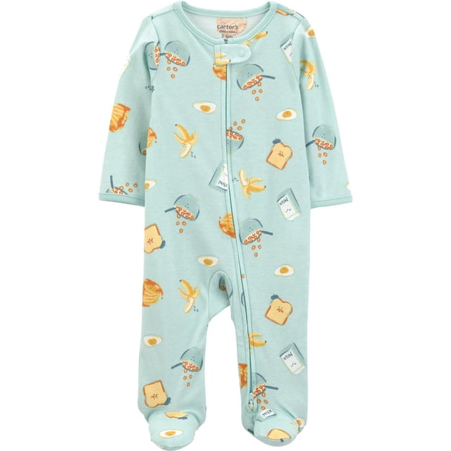 Carter's Child of Mine IB SNP Déjeuner Bébé Dormir et Jouer 1 Pce en Coton Bleu Pâle avec Imprimé Intégral de Déjeuner Comprenant des Bananes, des toast, des Oeufs Frits, des cartons de Lait et des Bols à Céréales, Équipé d'Une Fermeture Éclair Bidirectionnelle pour des Changements de Couches Faciles et des Manches Longues.