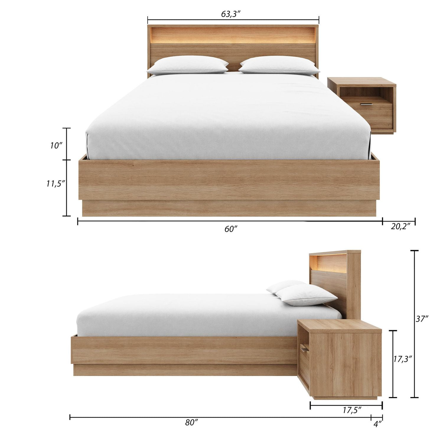 Ensemble de chambre à coucher Harlow 3 pièces avec sommier à lattes, tête de lit avec éclairage intégré et table de chevet
