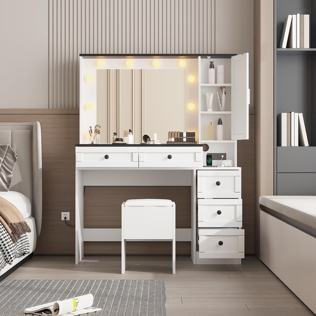 BeesClover Makeup Vanity Desk and Stool Set, Illuminated Dressing Table with Integrated Charging Station, Storage Drawers & Concealed Shelving