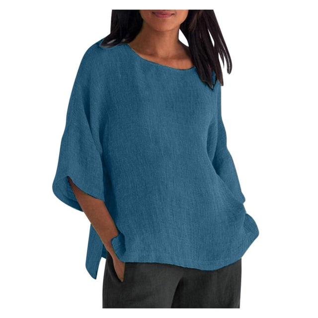 DPTALR Blouse Chemise Ample en Coton à Manches Courtes d'Été pour Femme à Col Rond