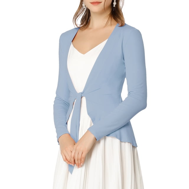 Allegra K Juniors Tie Open Front Long Sleeve Knit Metallic Ruffled Crop Cardigan