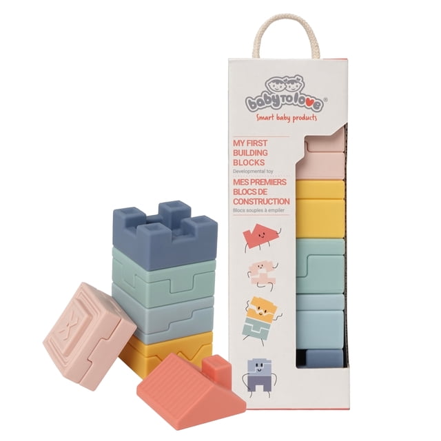 My First Building Blocks – Soft Stackable Blocks for Babies & Toddlers, an educational toy set featuring pastel-colored blocks in various shapes. The soft, easy-to-grasp blocks are designed to develop fine motor skills and hand-eye coordination. Blocks are displayed stacked and arranged next to the packaging, which highlights the Baby to Love branding and product details.
