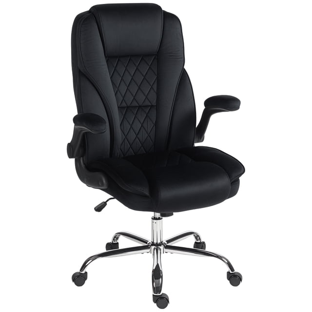 HOMCOM Chaise de Bureau, Chaise d'Ordinateur avec Accoudoirs Relevables, Noire. Conception Ergonomique avec Tissu Effet Velours, Surpiqûres à Motif Losange et Rembourrage en Mousse Haute Densité à Double Niveau pour le Confort. Comprend un Dossier Haut de Soutien, des Accoudoirs Relevables pour un Rangement Gain de Place, une Hauteur de Siège Réglable, une Fonction d'Inclinaison et des Roues Pivotantes pour la Mobilité. base en Acier Assure la Durabilité. Idéal pour le Bureau Ou l'Espace de Travail.