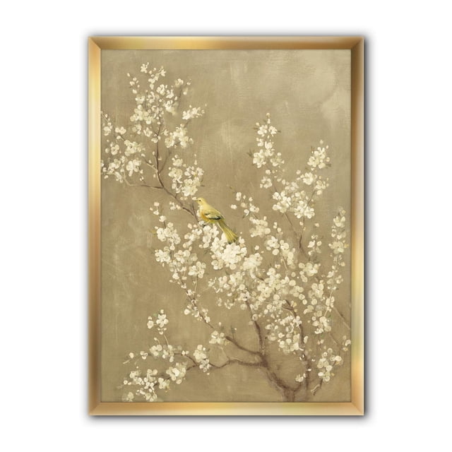 Designart White Cherry Blossom III Framed Wall Art featuring a traditional cotton canvas print of white cherry blossom branches with a yellow bird perched on a branch, set on a beige textured background and mounted in a light wood frame, ideal for floral wall décor and home decoration.