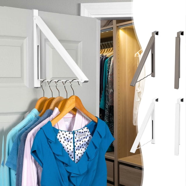 Big Savings! Over The Door Hanger, Folding Invisible Rear Door Hook with Extendable Hanger in grey, designed for convenient storage of clothes, coats, hats, or towels. The image shows the hanger installed on a door, holding multiple garments on wooden hangers. The folding design allows for space-saving when not in use. Includes a close-up of the grey and white variants, highlighting the compact and adjustable features.