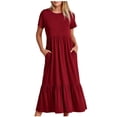 thumbnail image 2 of EGNMCR Robes de Fête pour Femmes Robe d'Été Décontractée à Manches Courtes et Col Rond pour Femmes Robe Décontractée Fluide à Étages Maxi de Plage avec Poches, 2 of 8