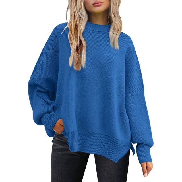 ORUYROP Women's Crewneck Batwing Long Sleeve Sweater 2023 Fall Oversized Ribbed Knit Side Slit Pullover Top