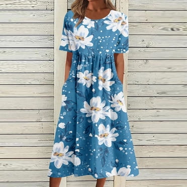 Aqestyerly Robe d'Été à Imprimé pour Femme, Col Rond, Manches Courtes, Robe de Vacances avec Poches, Robe de Plage Décontractée avec Imprimé Vibrant HWRETIE