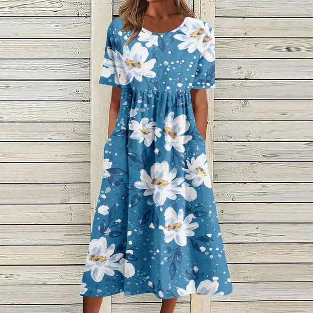 Meichang Robes de Plage à Imprimé Floral pour Femmes avec Poches Manches Courtes T-Shirt Robe d'Été Détente Col Rond Robe Maxi Tunique Plissée Fluide Confortable Vacances Robes d'Été