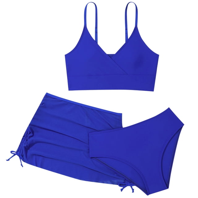 MIASHUI Kids Swimsuit Girls 3 Piece Bathing Suit Bikini Set with Ruched Cover Up Skirt,Blue,11-12 Years