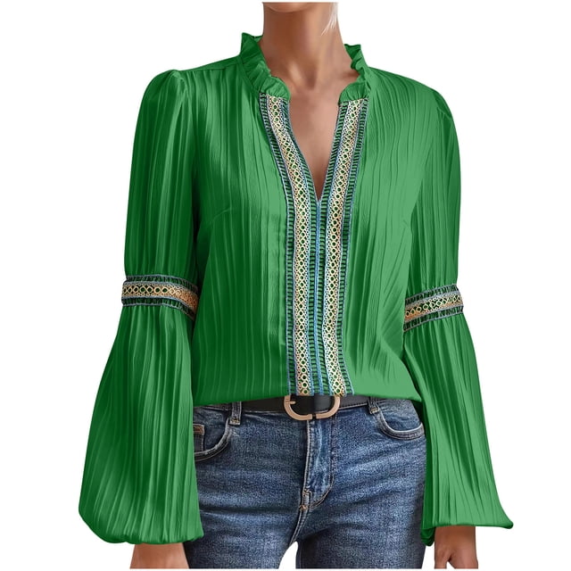 Timegard Women's Tops Lace Ruffle V Neck Long Sleeve Work Dressy Casual Loose Tops Fall Fashion Blouse