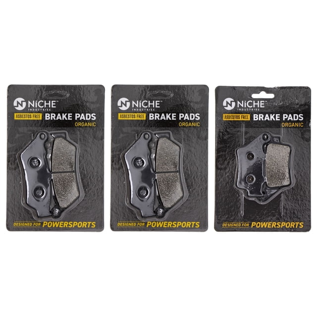Niche Complete Organic Brake Pad Set for KTM BMW F800GS F700GS Motorcycle MK1002636. The image displays three brake pad sets in retail packaging, marked as asbestos-free and designed for powersports. Compatible with BMW, Ducati, KTM, and Victory motorcycles, including models like BMW F800GS (2008-2018) and KTM 640 Adventure (2004-2007). Replaces OEM part numbers such as 34217722884 and 61340751A.