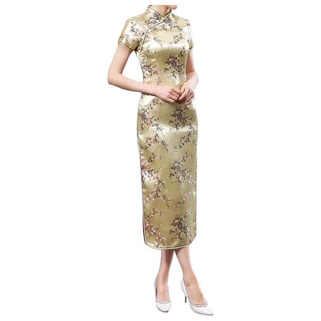 Robes pour Femmes Vintage Chinois Cheongsam Brodé Manches Courtes Longue Robe Traditionnelle Qipao Or TTG