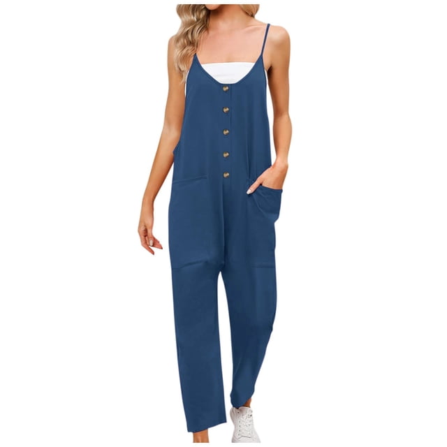 Summer Jumpsuits for Women Spaghetti Straps Casual Button V Neck Plain Cropped Pants Rompers Outfits with Pockets
