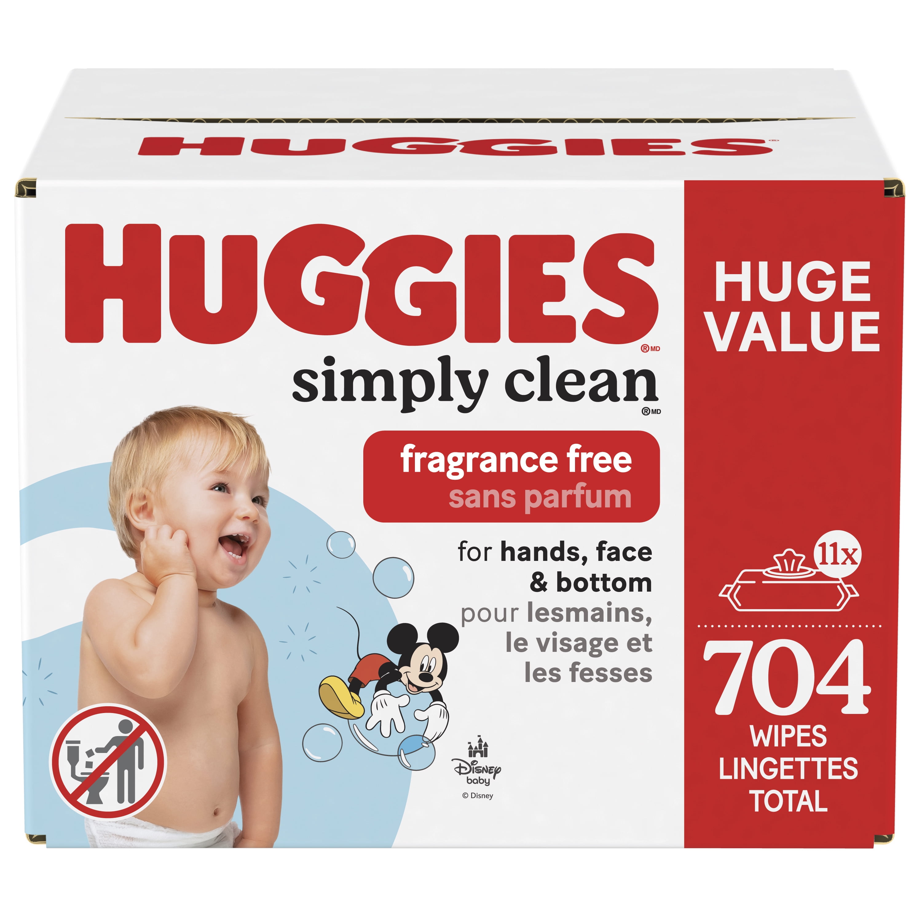 Huggies Simply Clean Baby Wipes, UNSCENTED, 11 Flip Lid Packs, 704 Wipes
