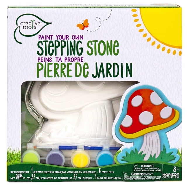Creative Roots Paint Your Own Mushroom Stepping Stone kit includes a 7-inch white ceramic mushroom-shaped stepping stone with grooved details, six vibrant acrylic paint pots, and a paintbrush, ideal for kids arts and crafts activities, shown in bilingual English and French packaging.