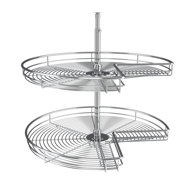 Rev-A-Shelf Rein 2 Tablettes Lazy Susan pour Armoires à Base d'Angle en Fini chrome. la Conception en Forme de Rein Présente Deux Tablettes en Fil d'Acier Pivotantes de Façon Indépendante Montées sur un Arbre Télescopique, Ajustables pour des Hauteurs d'Armoire de 26 à 31 Pouces. Chaque Tablette Offre un Grand Espace de Rangement et Supporte jusqu'à 64 Livres par Pied Carré. l'Unité Mesure 28 Pouces de Largeur, 28 Pouces de Profondeur et 26 Pouces de Hauteur, Ce Qui la Rend Idéale pour Organiser des Conserves